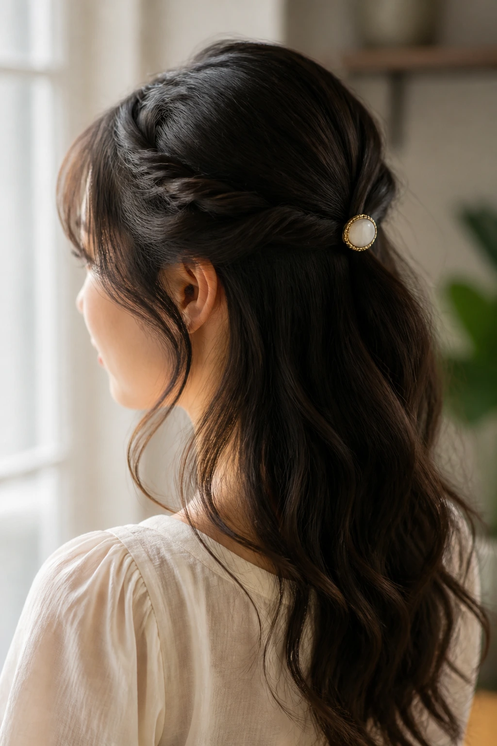 Real woman with twisted braids forming a half-up style secured with a barrette.