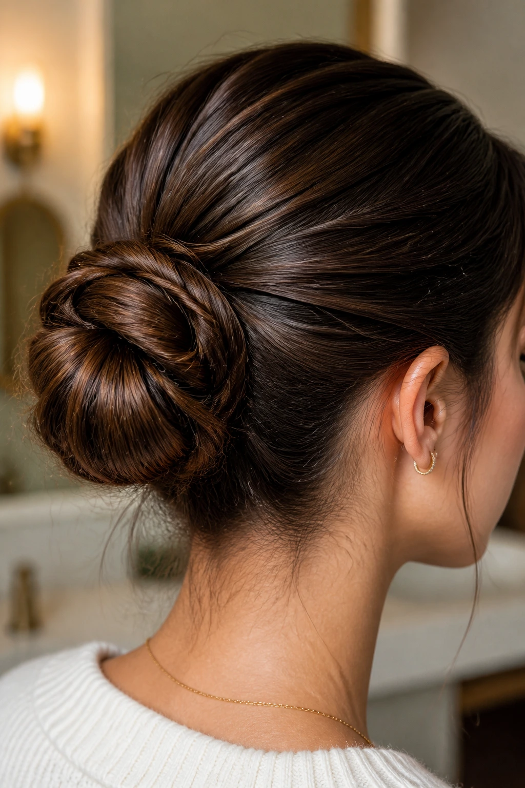 Back/side view of a real person with a twisted bun base
