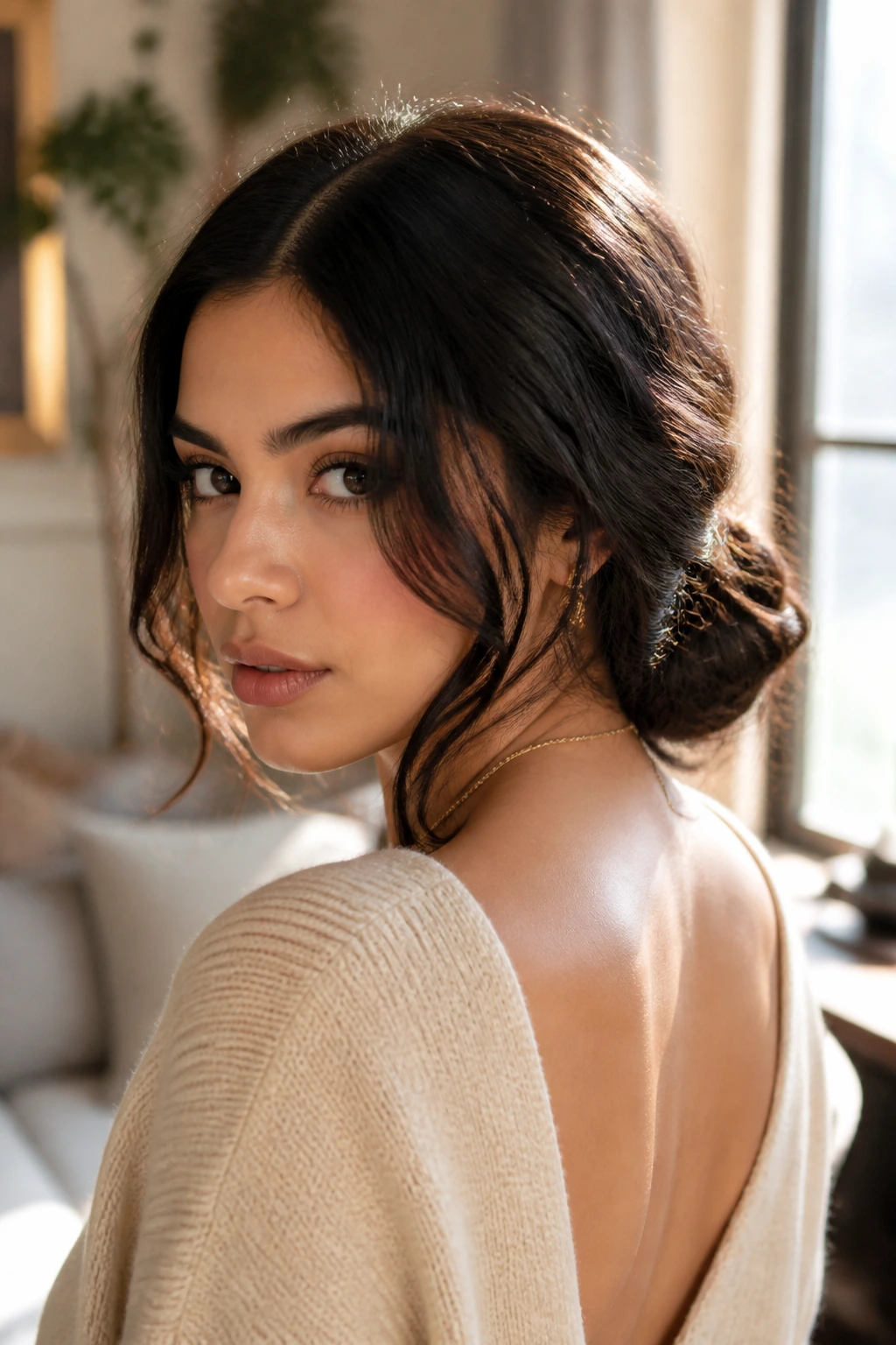 Close-up of Latina woman with a low-slung twisted bun at the nape