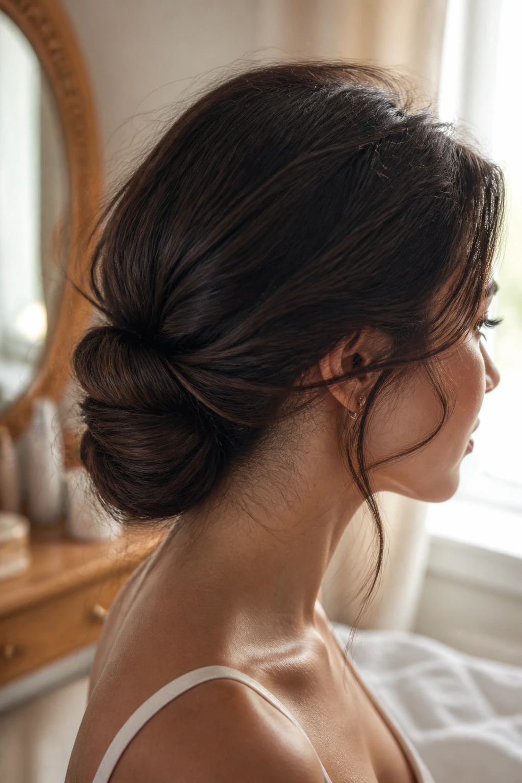 Close-up portrait of a woman with a low-slung twisted chignon at the nape