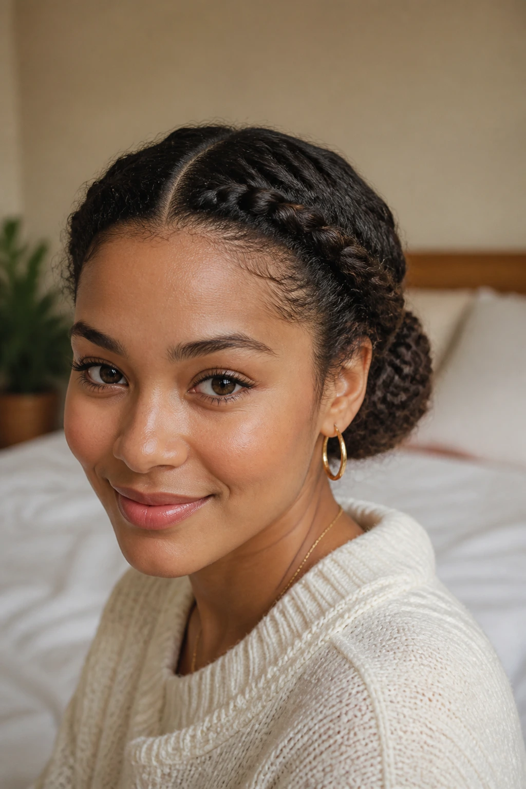 Close-up of a real woman with a crown-like bun formed by two twists at the back of the head.