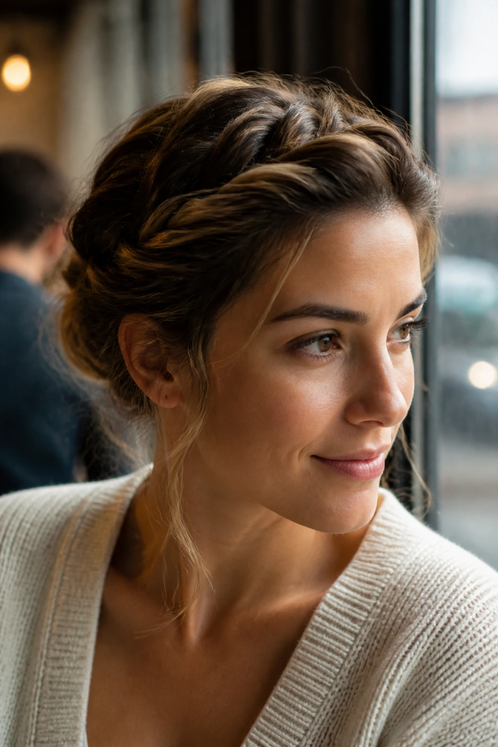 Close-up portrait of a real woman with a twisted crown hairstyle.