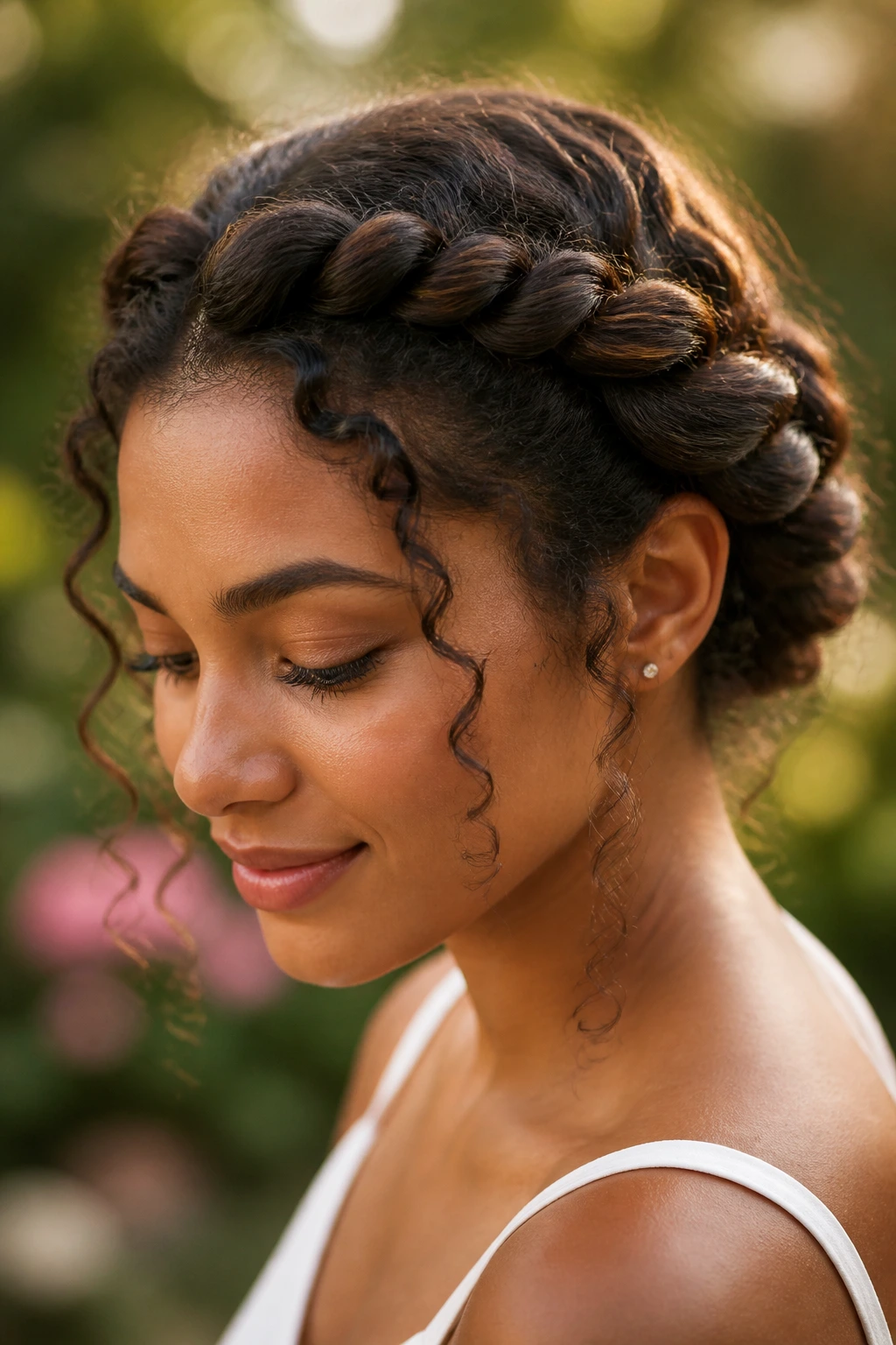 Close-up of a real woman wearing a twisted crown hairstyle
