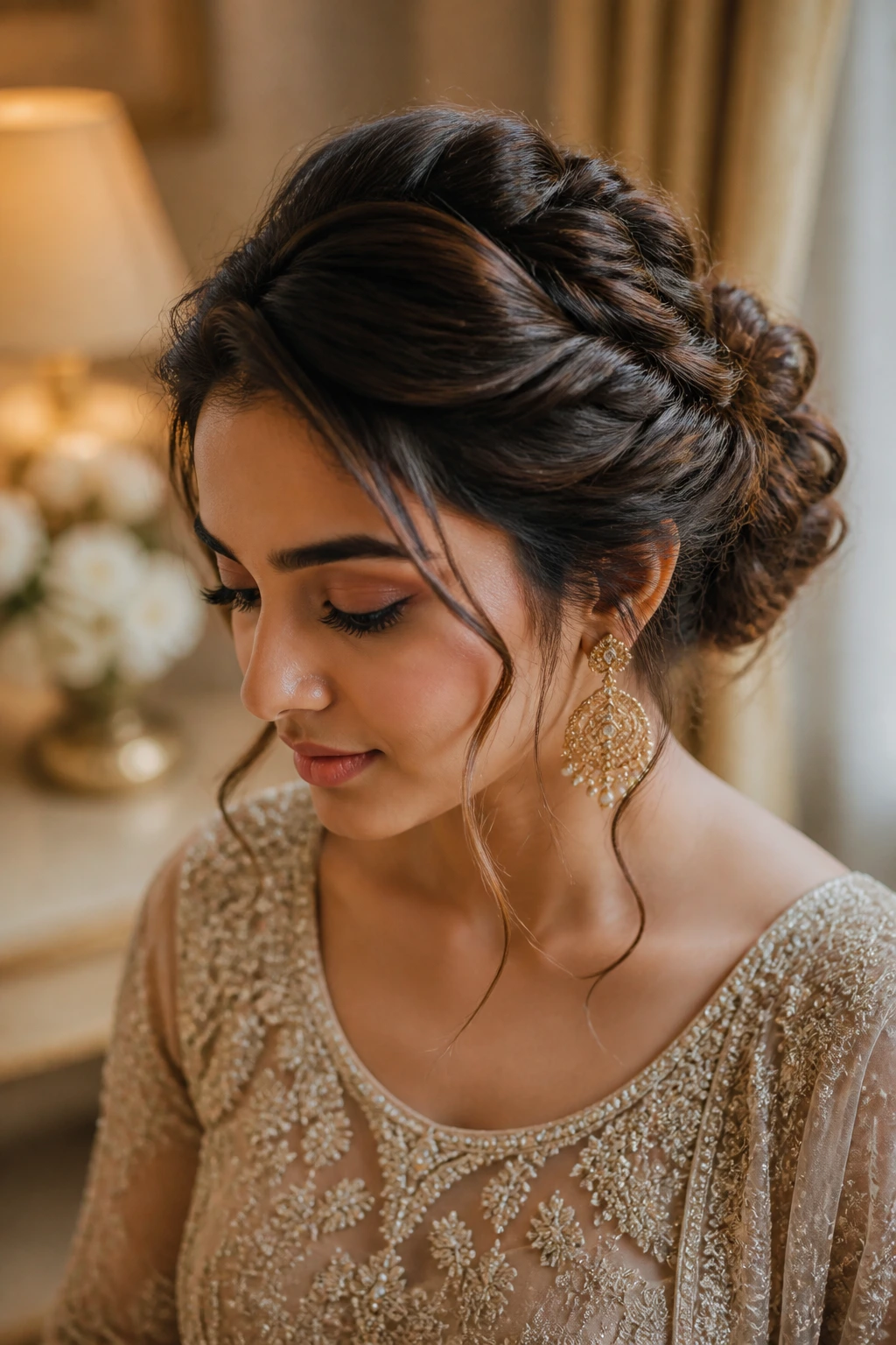 Close-up portrait of a woman with a twisted crown updo and soft waves