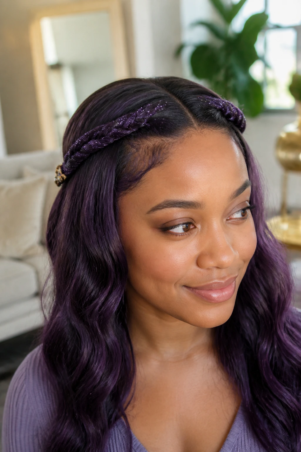 Close-up of a real woman with twisted front sections forming a glitter crown in soft daylight