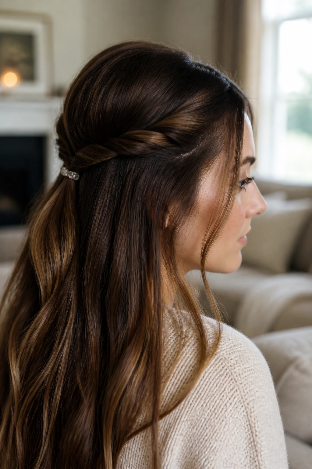 Close-up of a real woman with twisted front sections forming a half-up crown