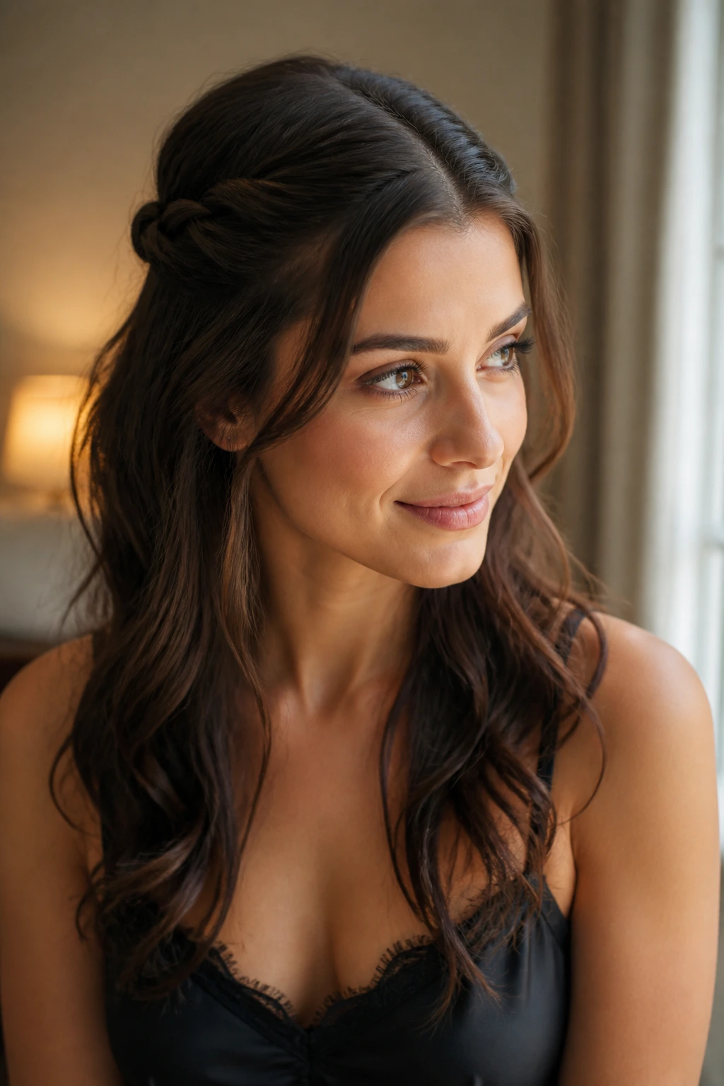Close-up of a real woman with twisted front sections forming a half-up style
