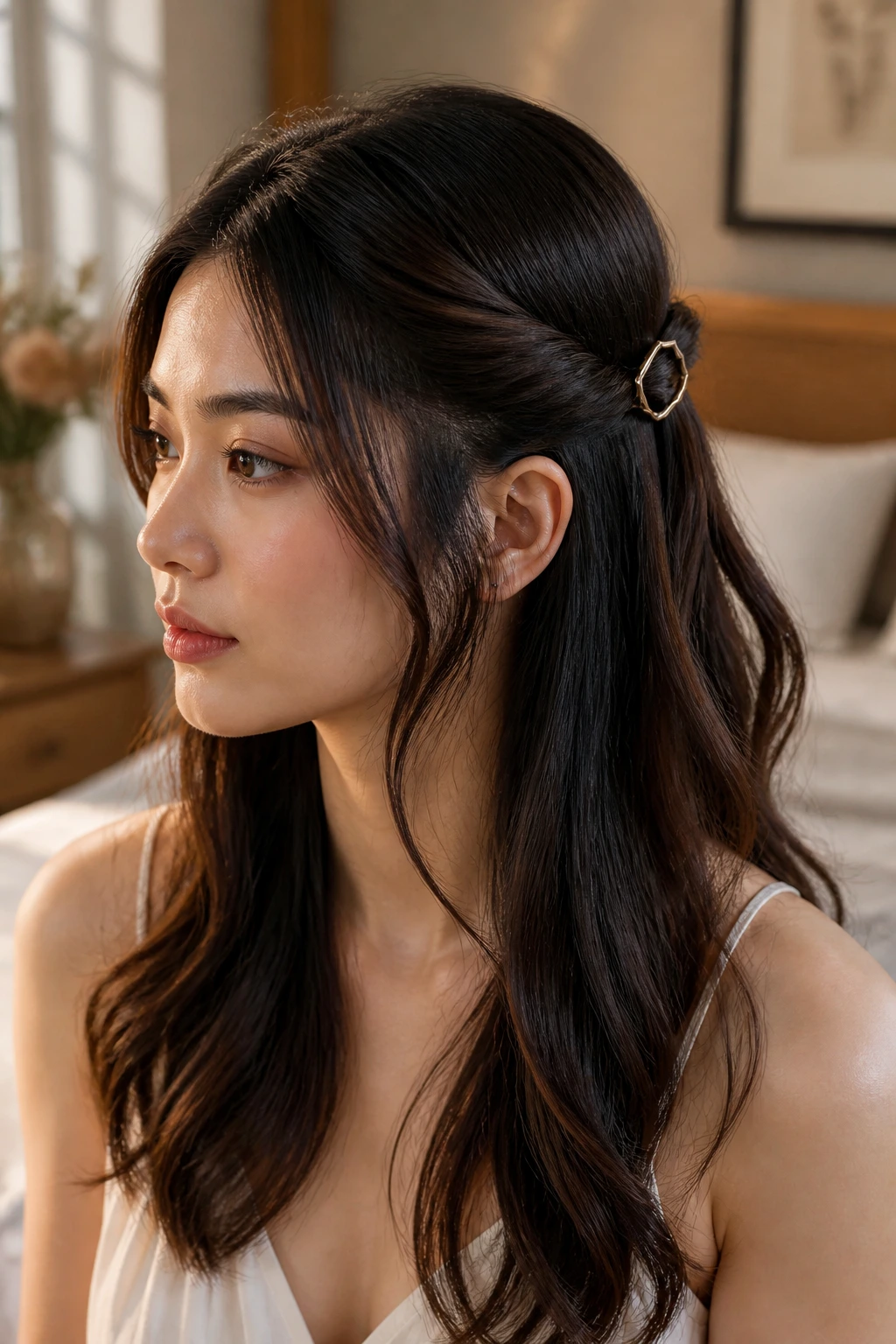 Close-up of a real woman's twisted half-up hairstyle with a geometric clip