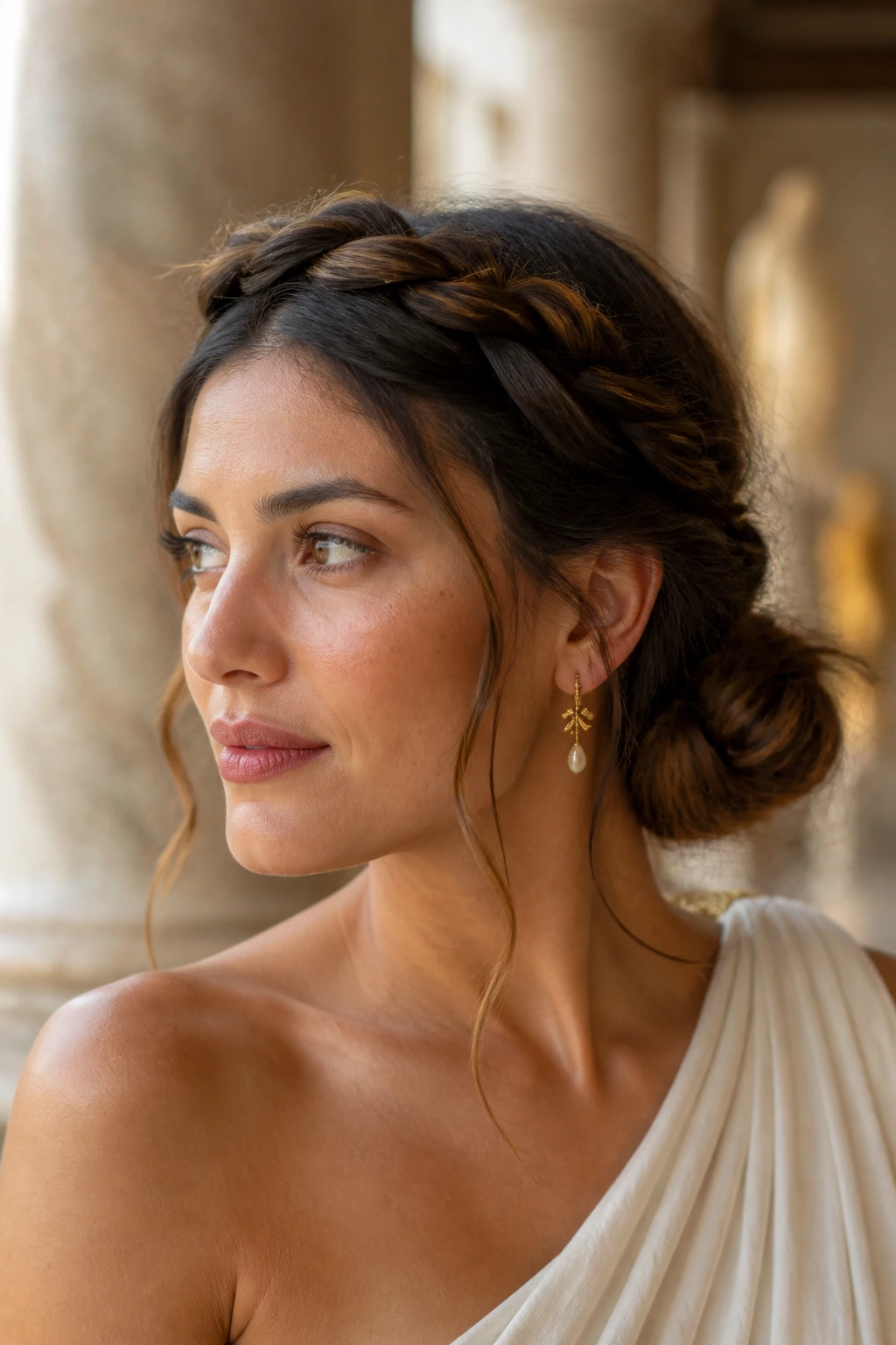 Close-up of a real woman wearing a twisted headband updo hairstyle