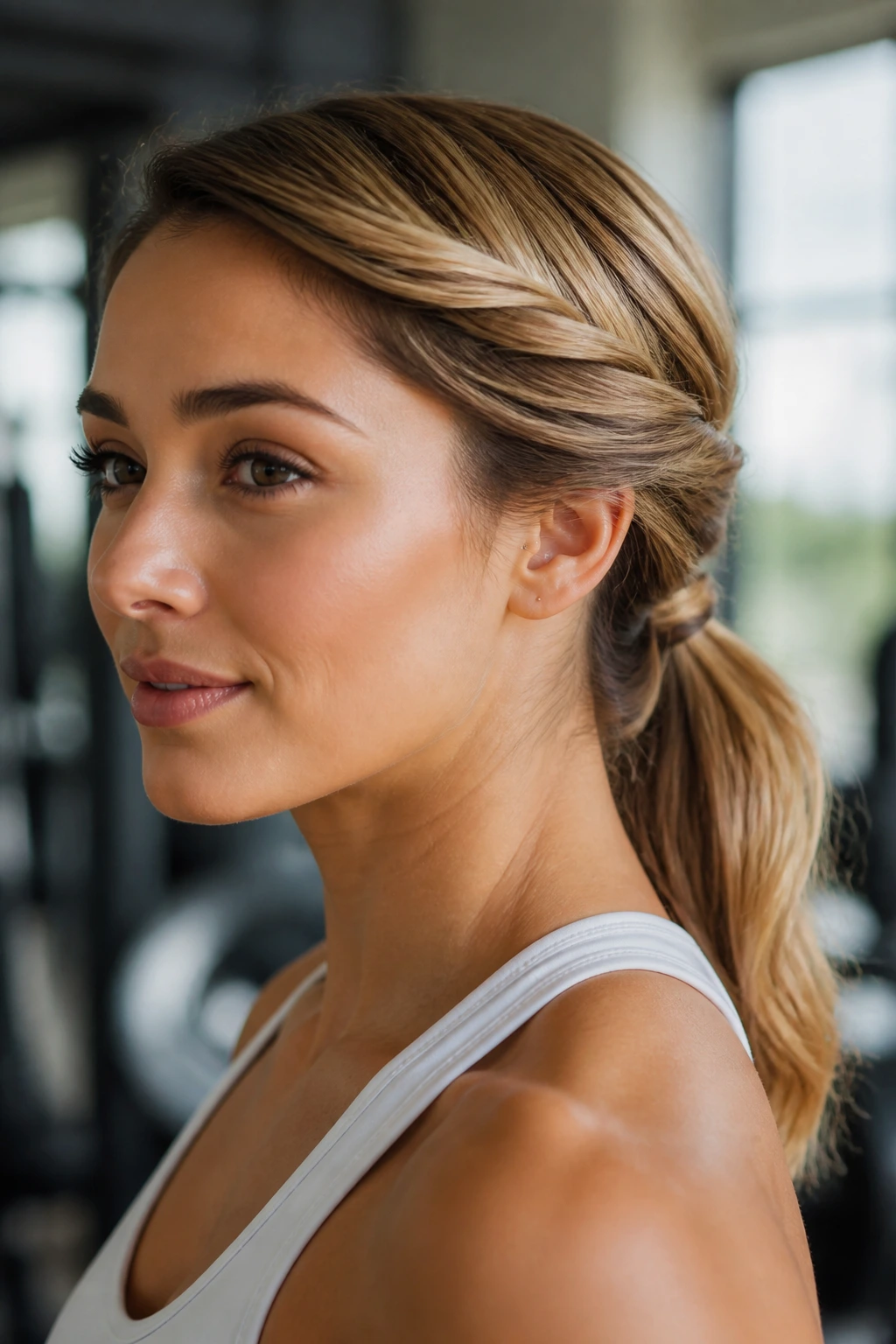 Close-up of a real woman with a twisted low ponytail in gym lighting