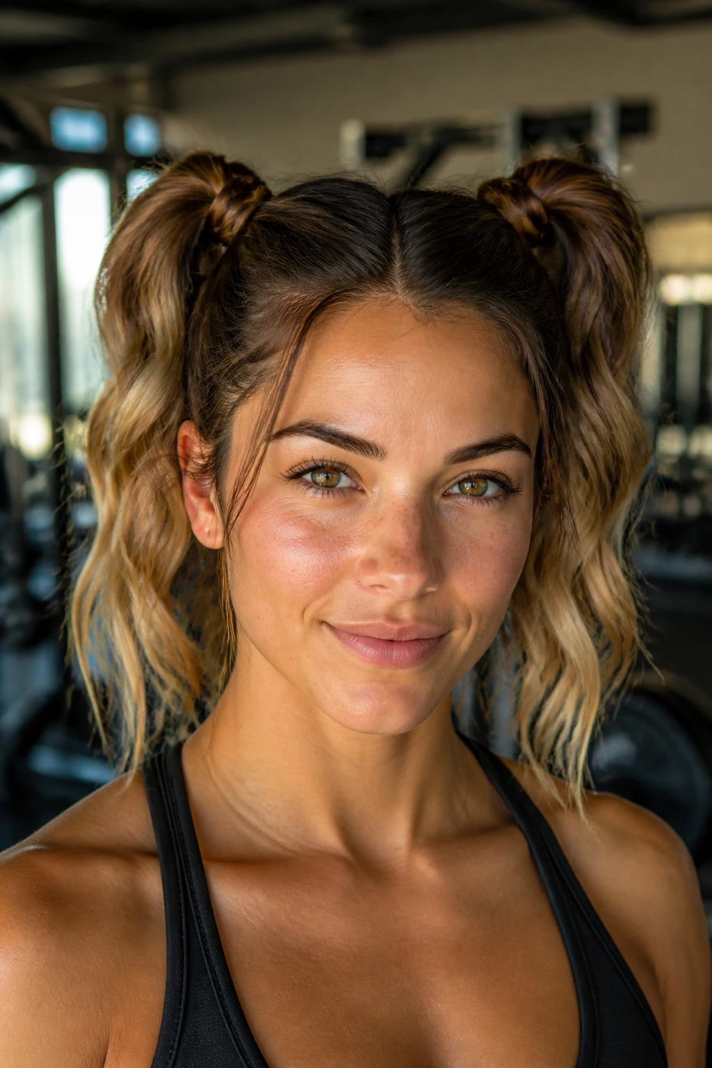 Real woman with twisted pigtail pony hairstyle at gym