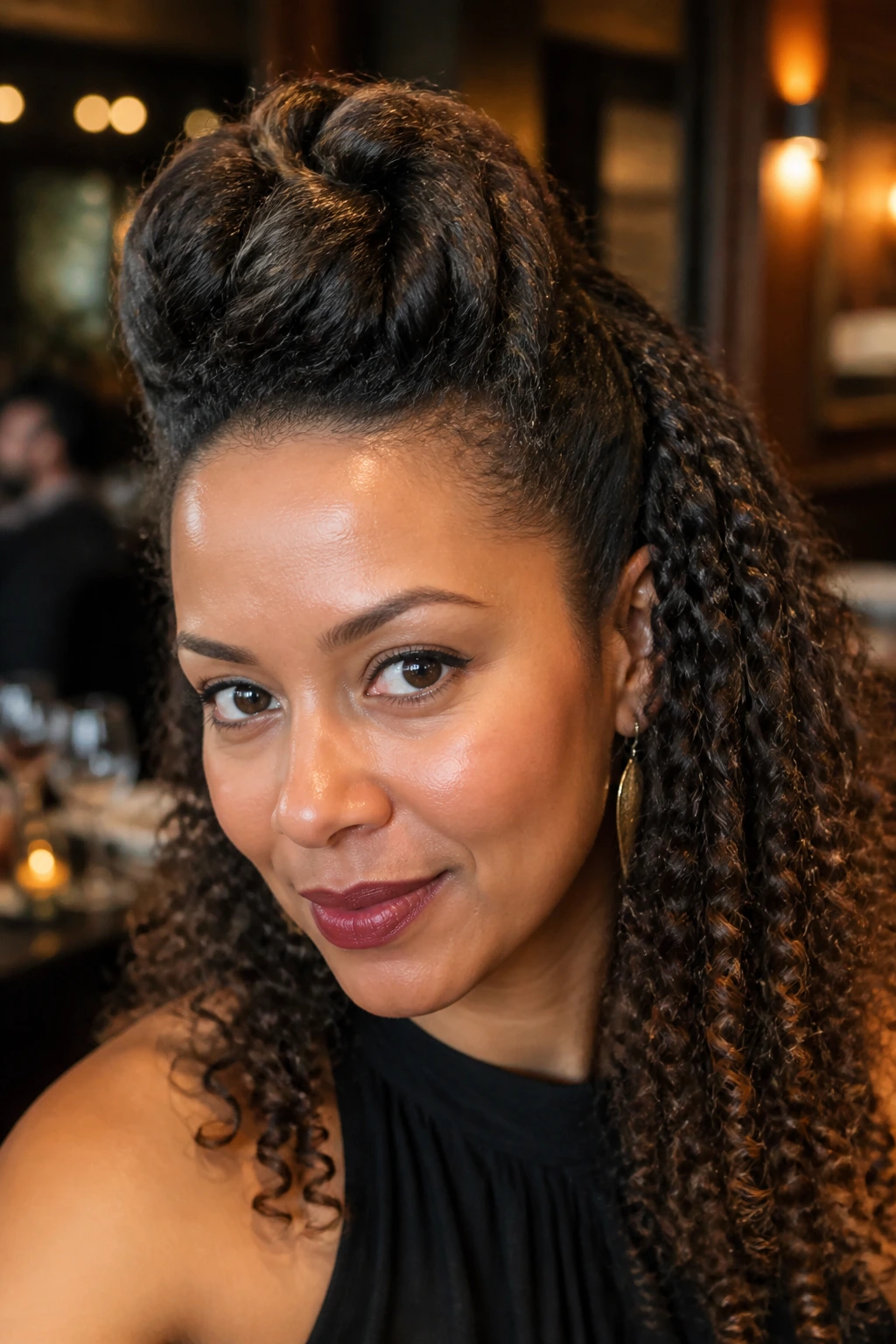 Close-up of a real woman with twisted front into a high pompadour