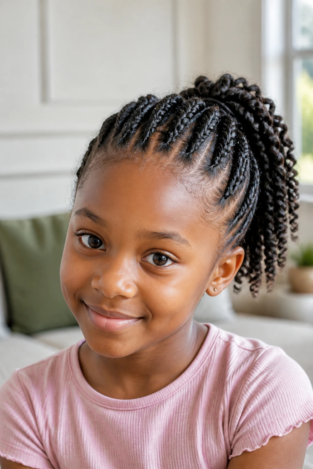 Close-up of a child with two-strand twists forming a ponytail in a bright room