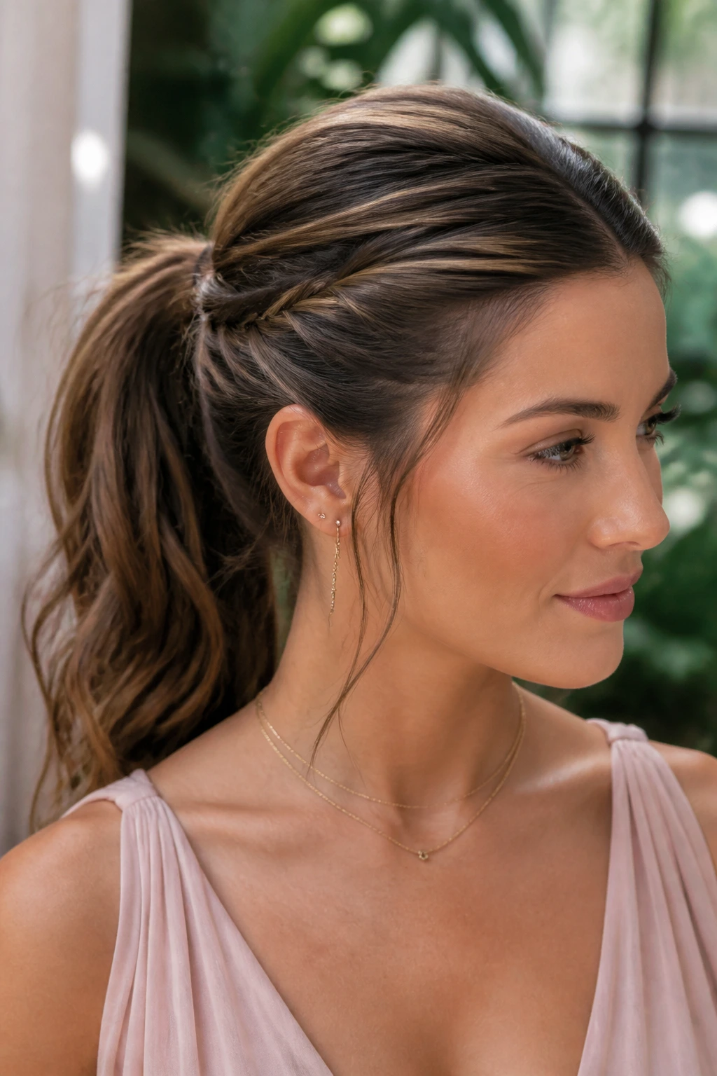 Close-up of a real woman with a twisted ponytail hairstyle