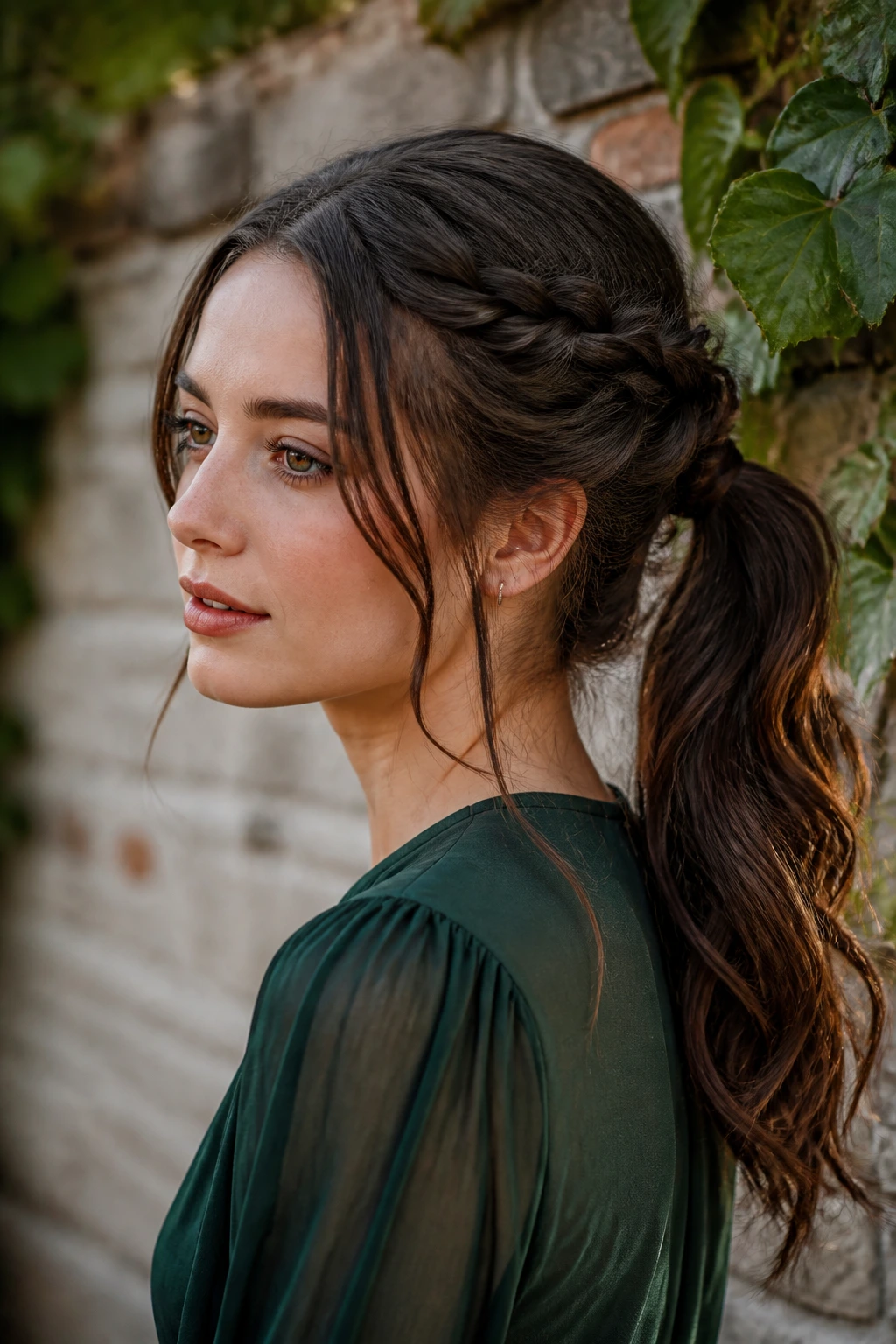 Portrait of a real person with twisted ivy-tendril hairstyle around a ponytail