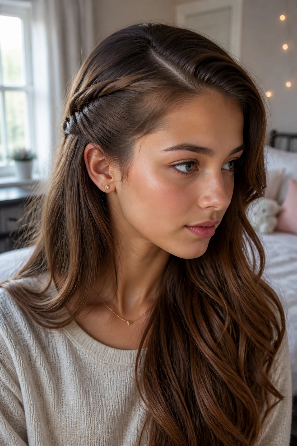 Close-up of a real woman with a twisted side-part hairstyle pinned behind the ear.