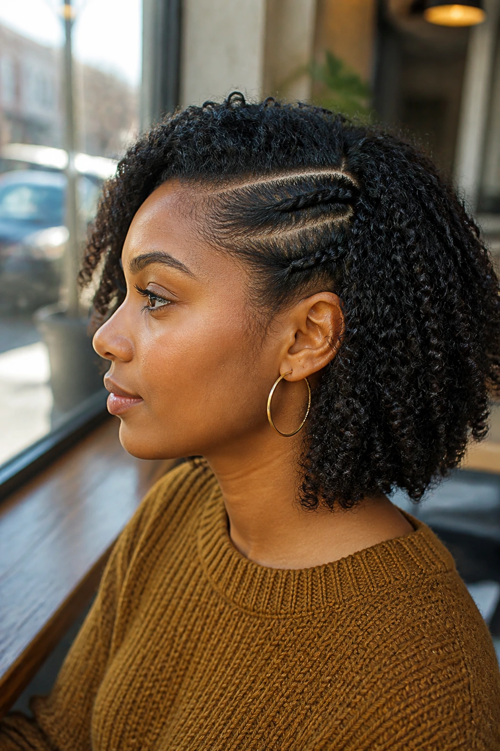 Side-profile portrait of a real woman with a deep side part and twists