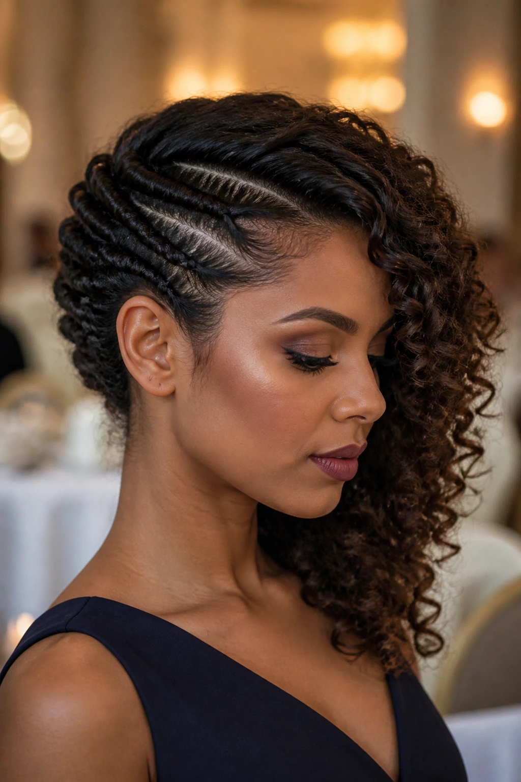 Close-up of a real woman with twisted side-sweep hairstyle