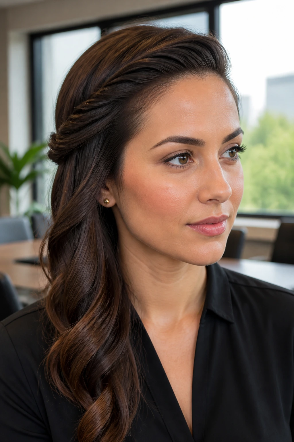 Real woman with a twisted side sweep hairstyle in an office setting.