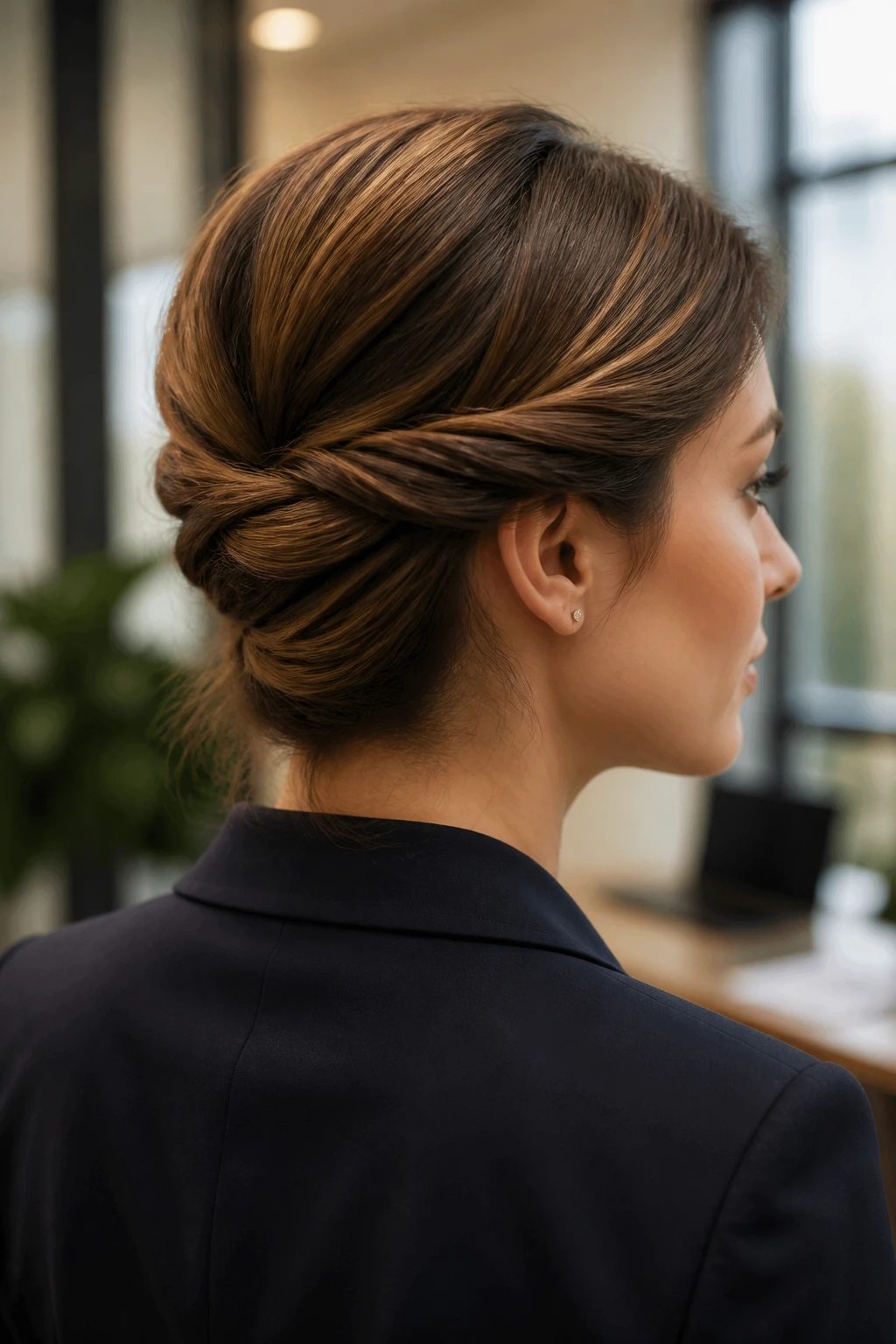 Close-up of a real woman with a twisted side-sweep pinned at the nape in an office