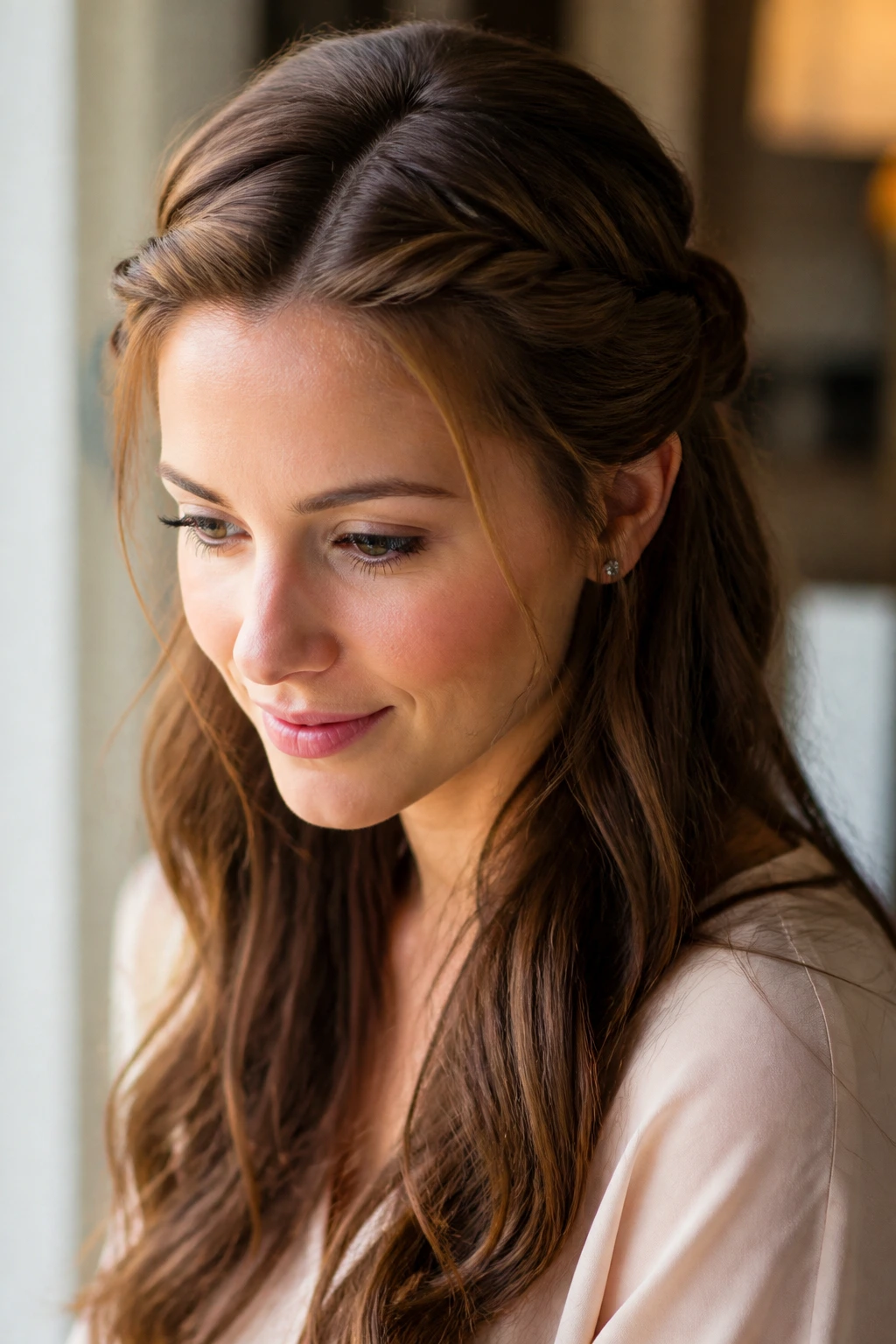 Close-up of a woman with twisted side-swept accents framing her face