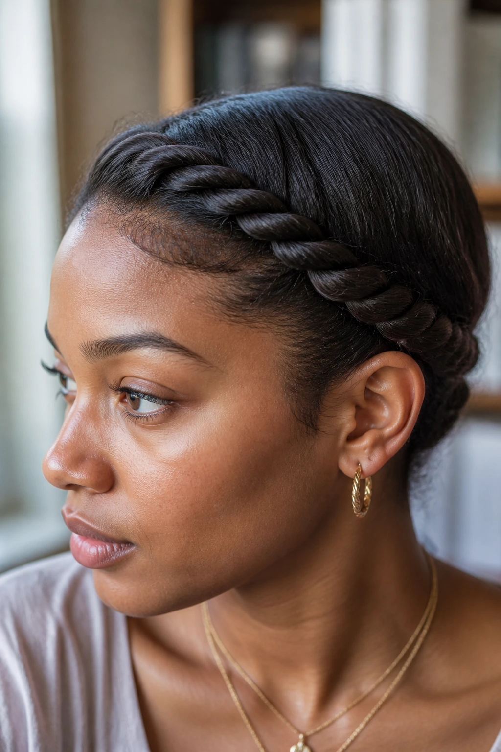 Close-up of real person with side-swept twisted braids secured behind the ear