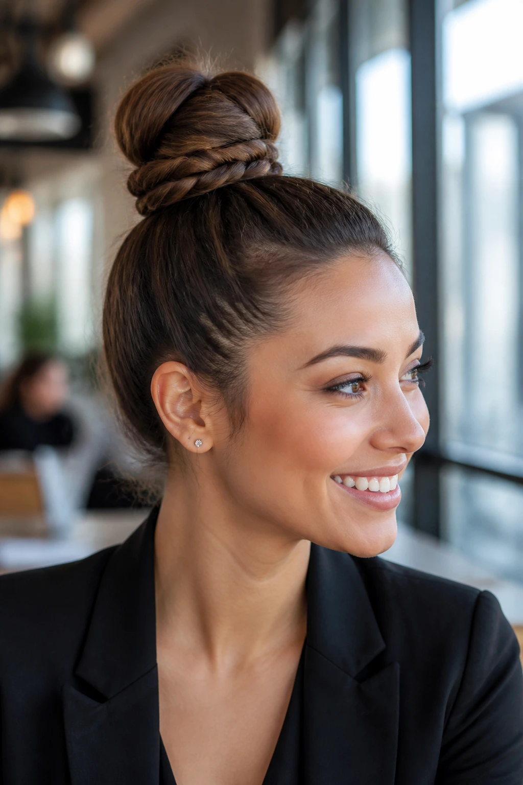 Close-up of a real woman with a twisted top-knot braid in a bright office setting