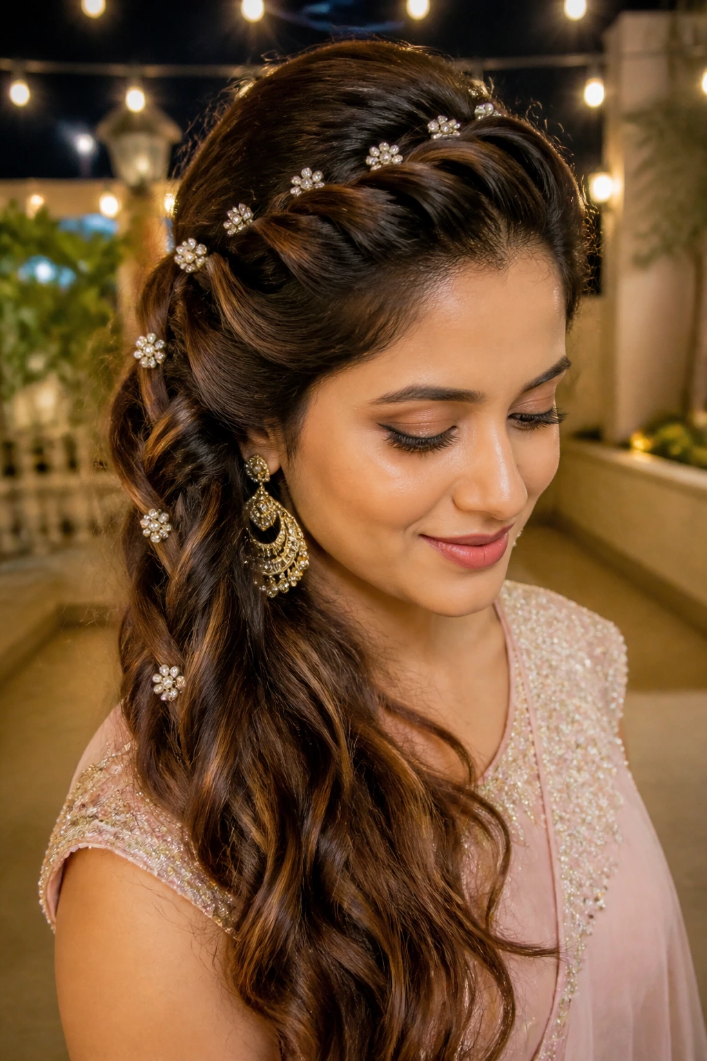 Close-up of a real woman with twisted waterfall hairstyle and sparkling pins