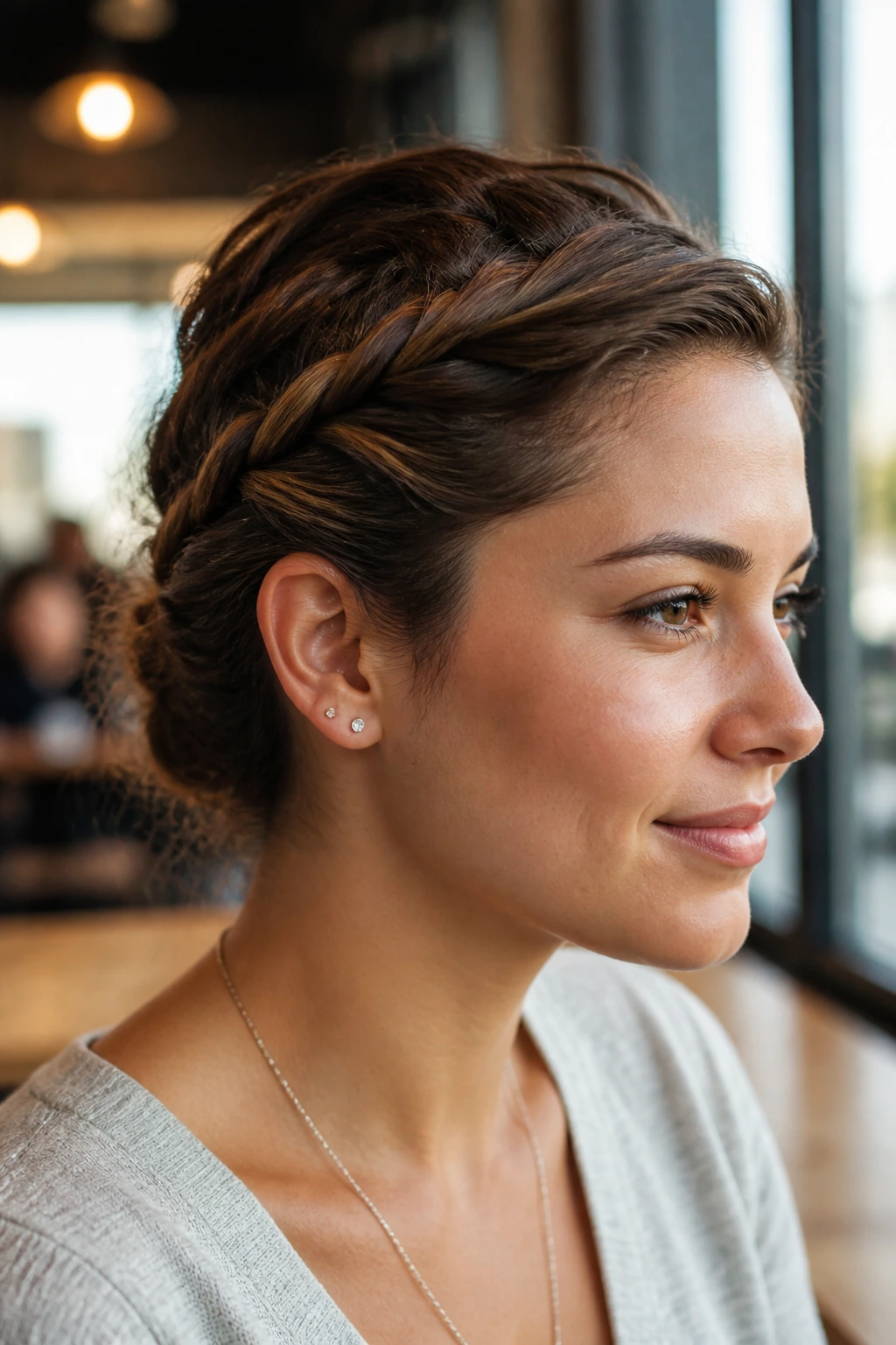 Close-up of a real woman with side-swept twisted accents on one side