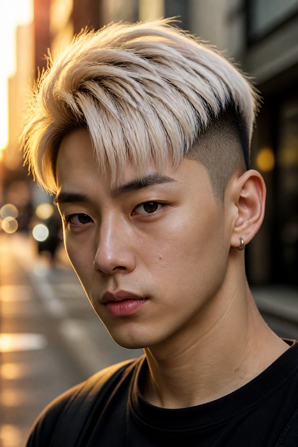 Close-up of a real person with a sharp two-block undercut featuring a bold platinum top color.