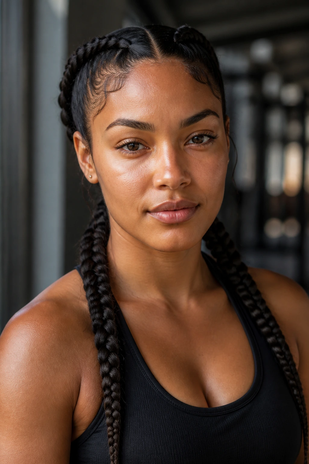Close-up portrait of a real woman with two thick goddess braids framing the face