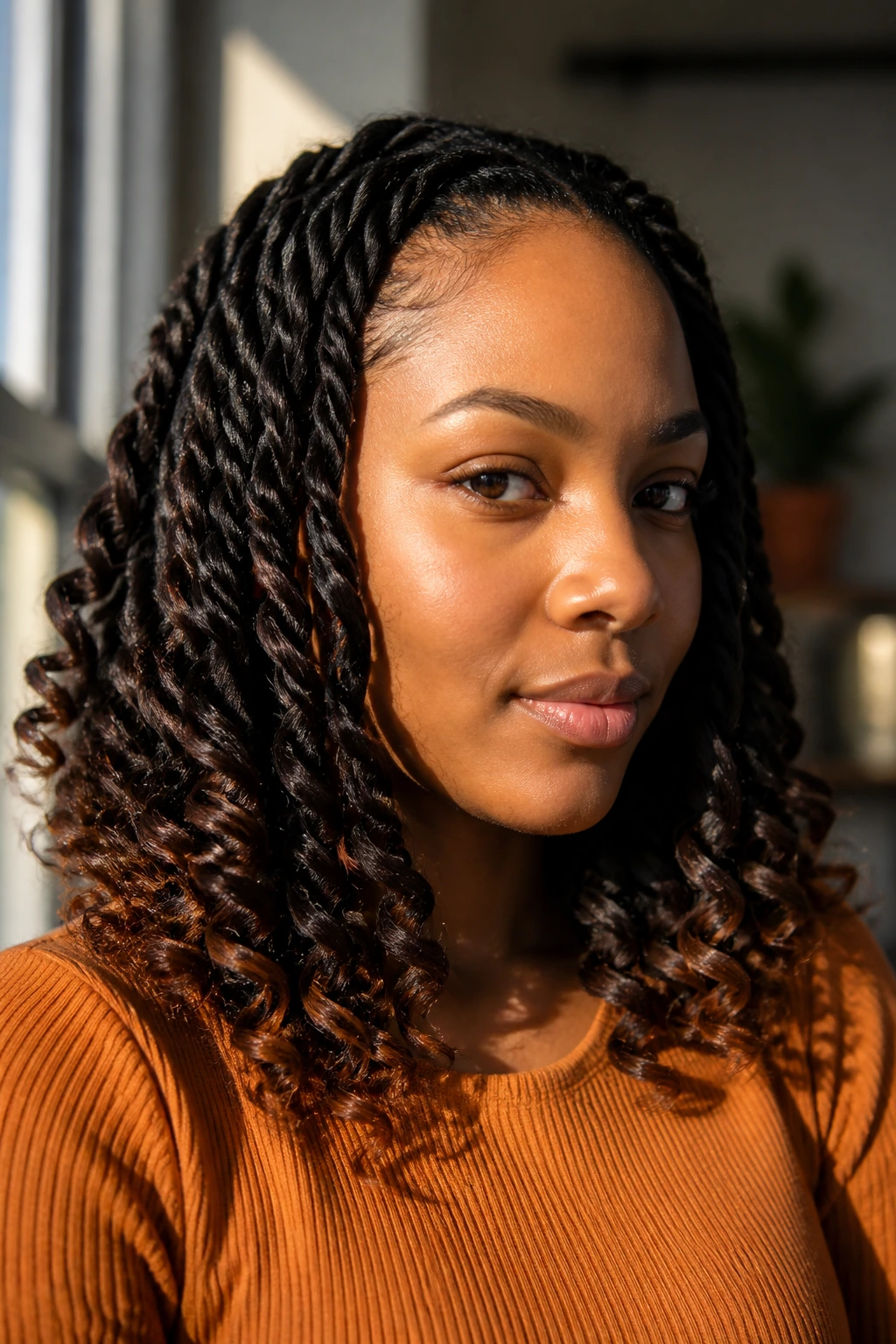 Close-up of two-strand twist braids with curly ends on a real person.