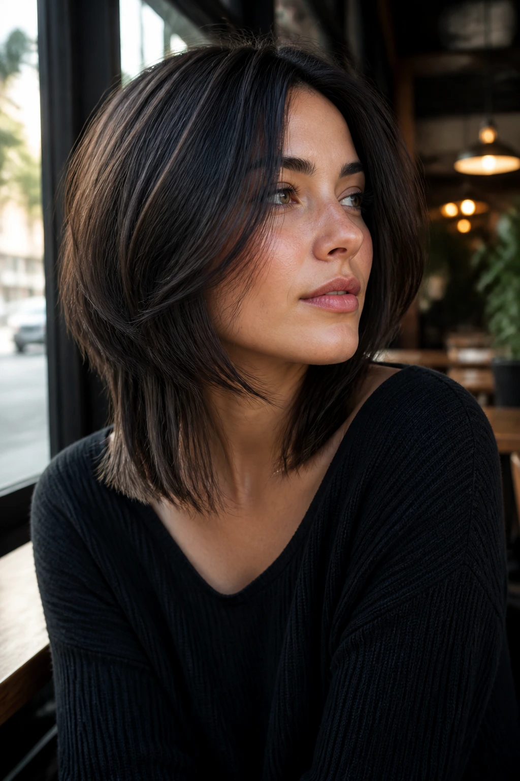 Real person with a two-tiered bob featuring a short top layer and longer bottom layer.