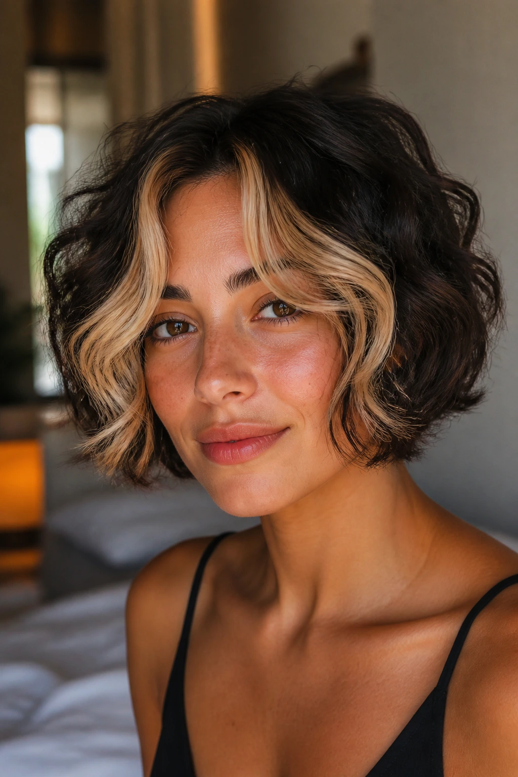 Close-up portrait of a woman with a two-tone bob and curtain bangs in warm light
