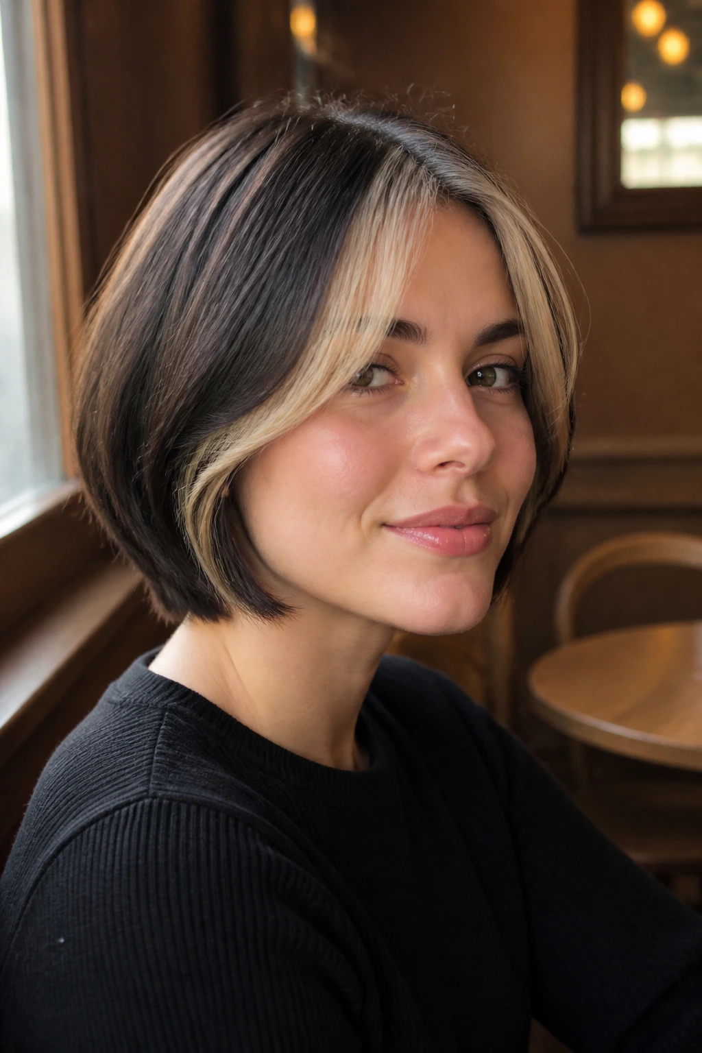 Close-up of a woman with a two-tone bob and fringe in a cafe.
