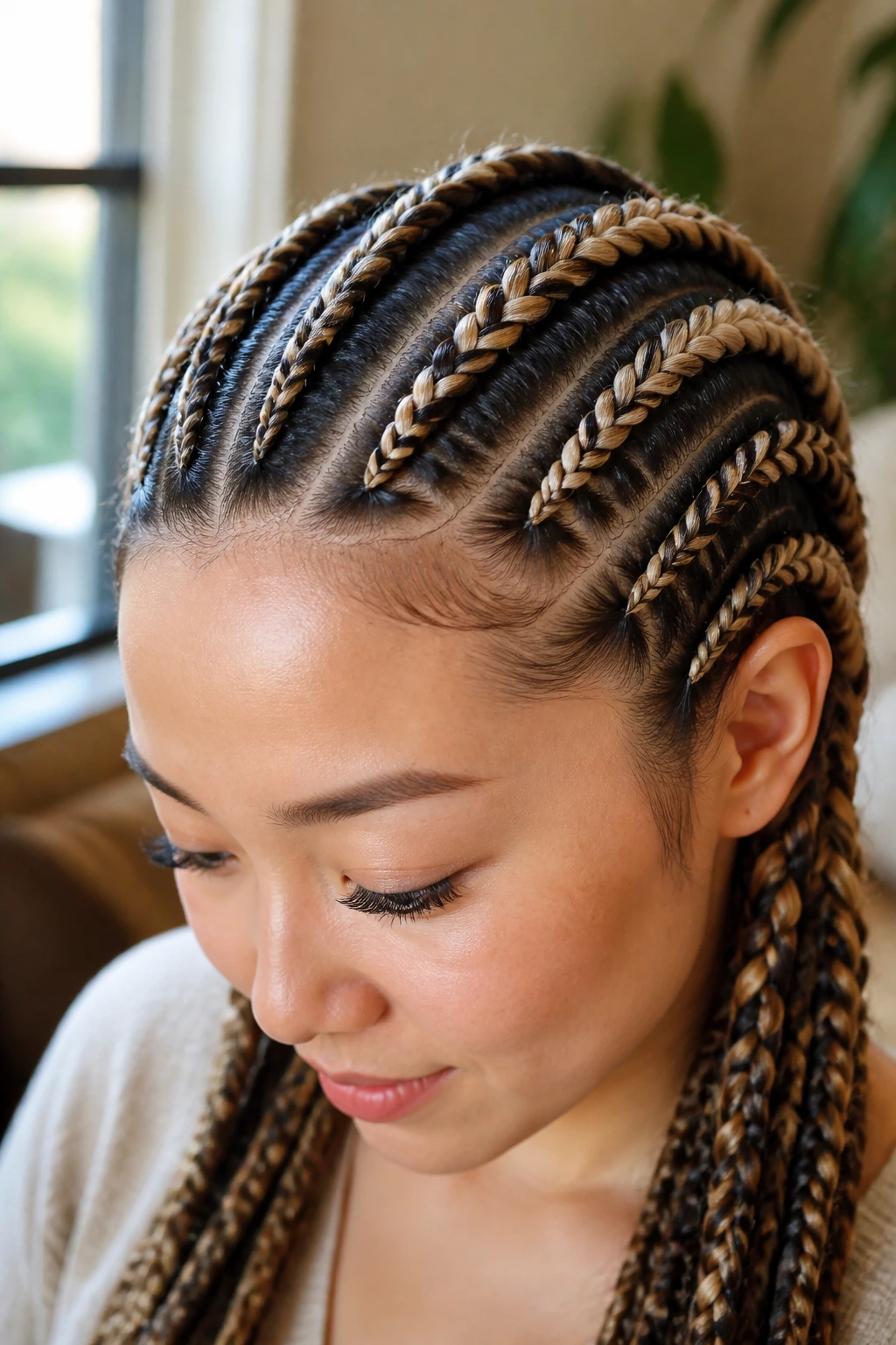 Close-up portrait of a real woman with two-tone cornrow braids and ribbon-like intermix