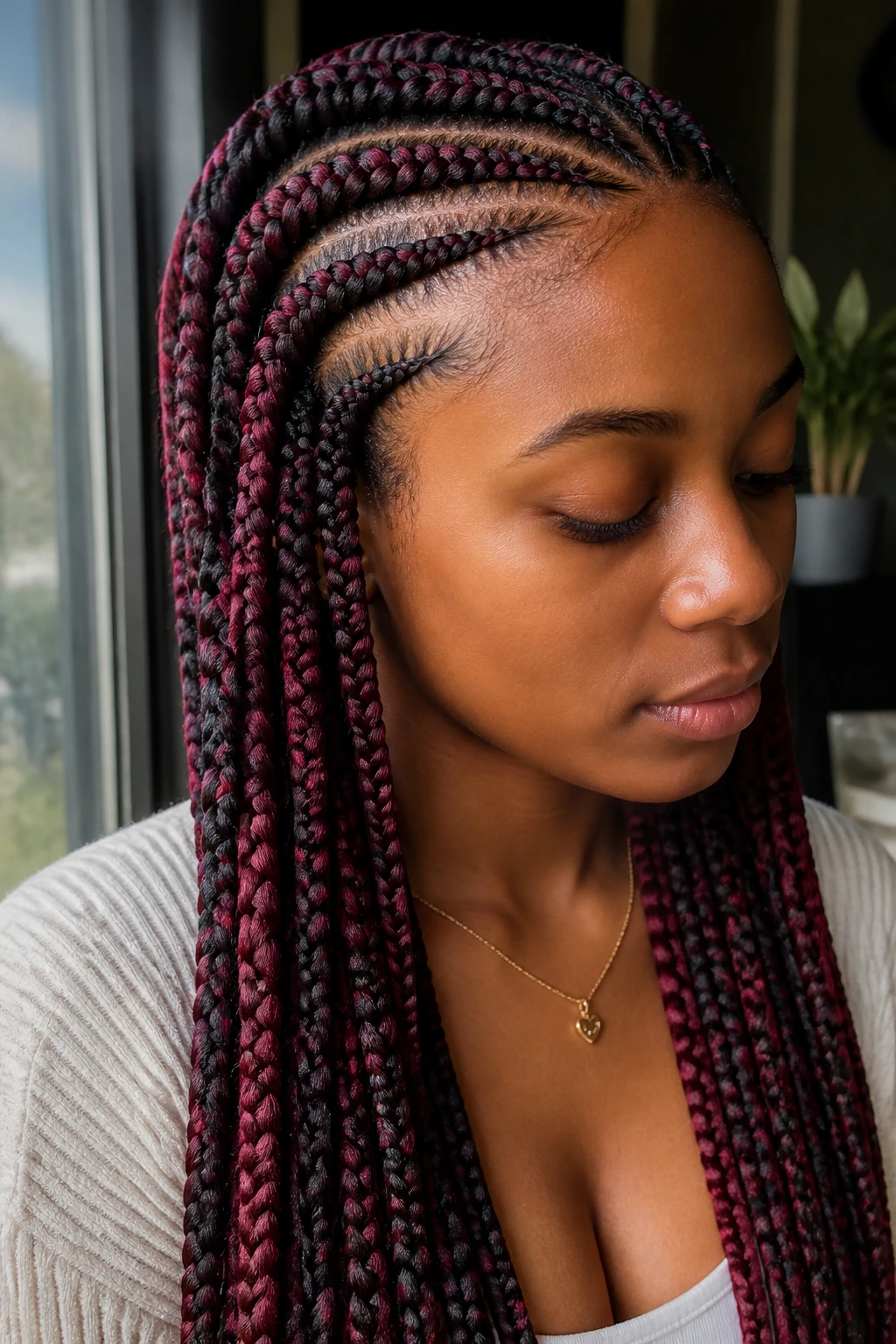 Close-up of a real person with two-tone burgundy and black cornrows