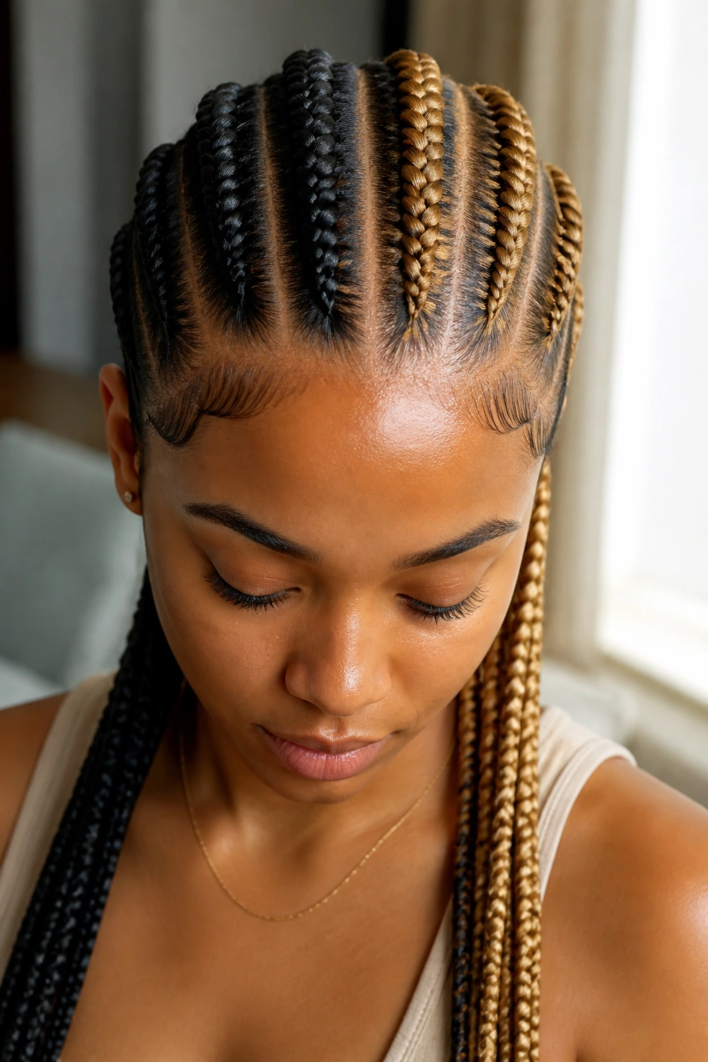 Close-up of a real person with four cornrows two-tone color gradient from black to honey-blonde