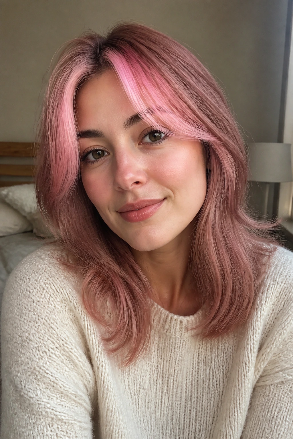 Portrait of a woman with two-tone pink curtain bangs in warm window light