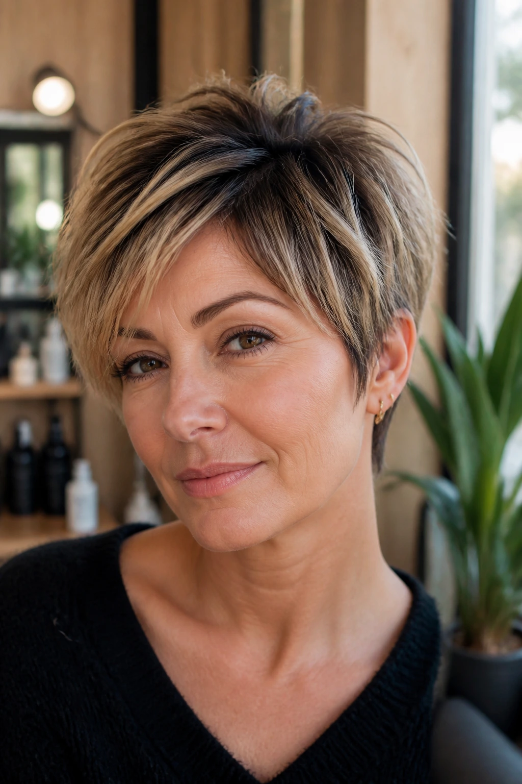 Close-up of a real woman’s two-tone pixie cut with dark roots and lighter ends