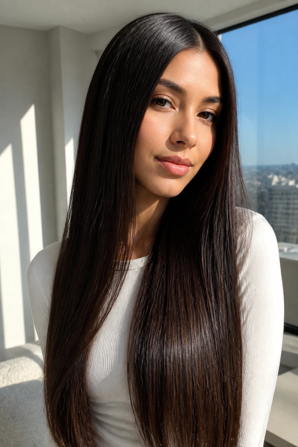 Close-up of a real person with ultra-long straight hair, glossy finish in natural light