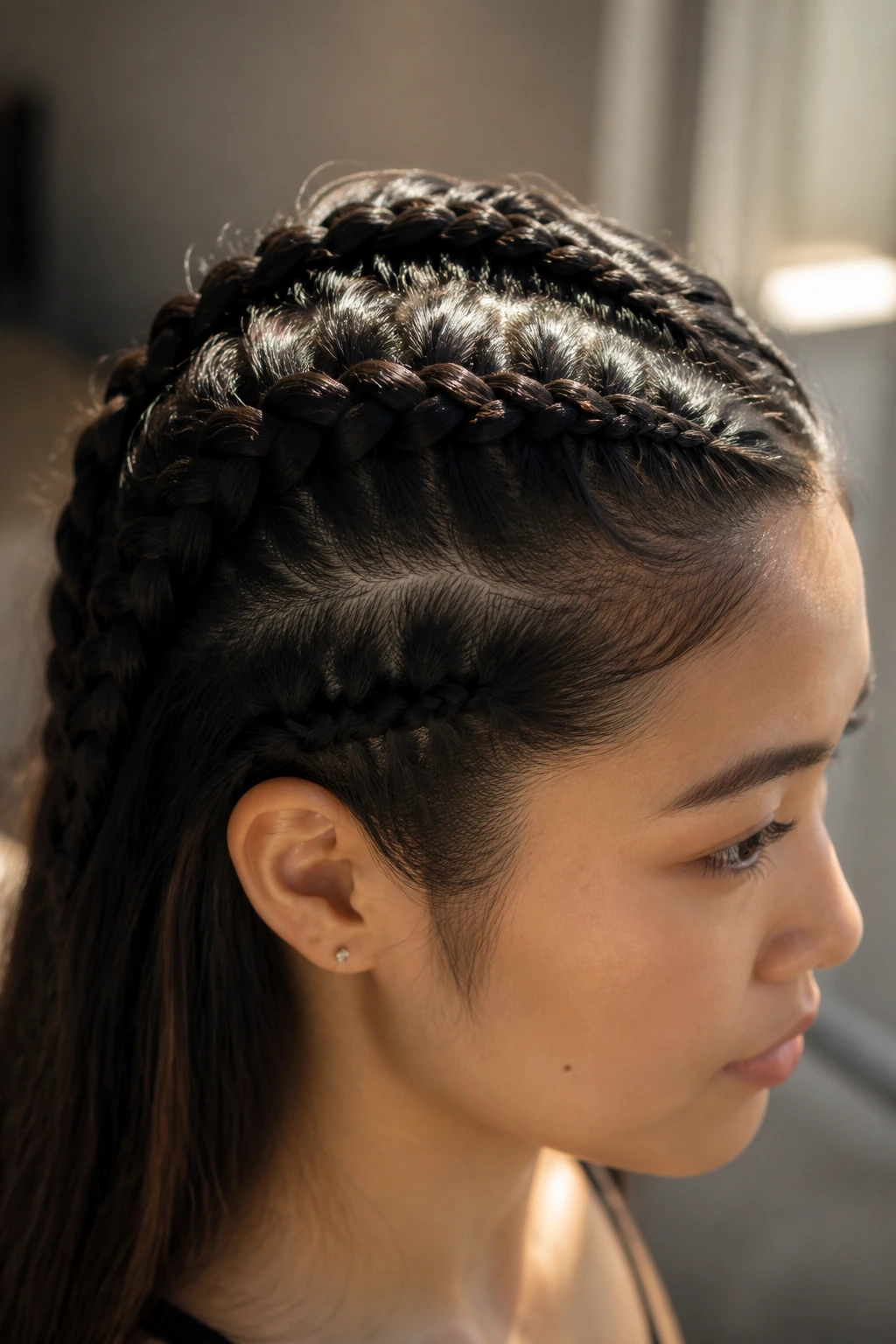 Close-up of a real woman's head showing an under-braid Dutch cornrow on the scalp