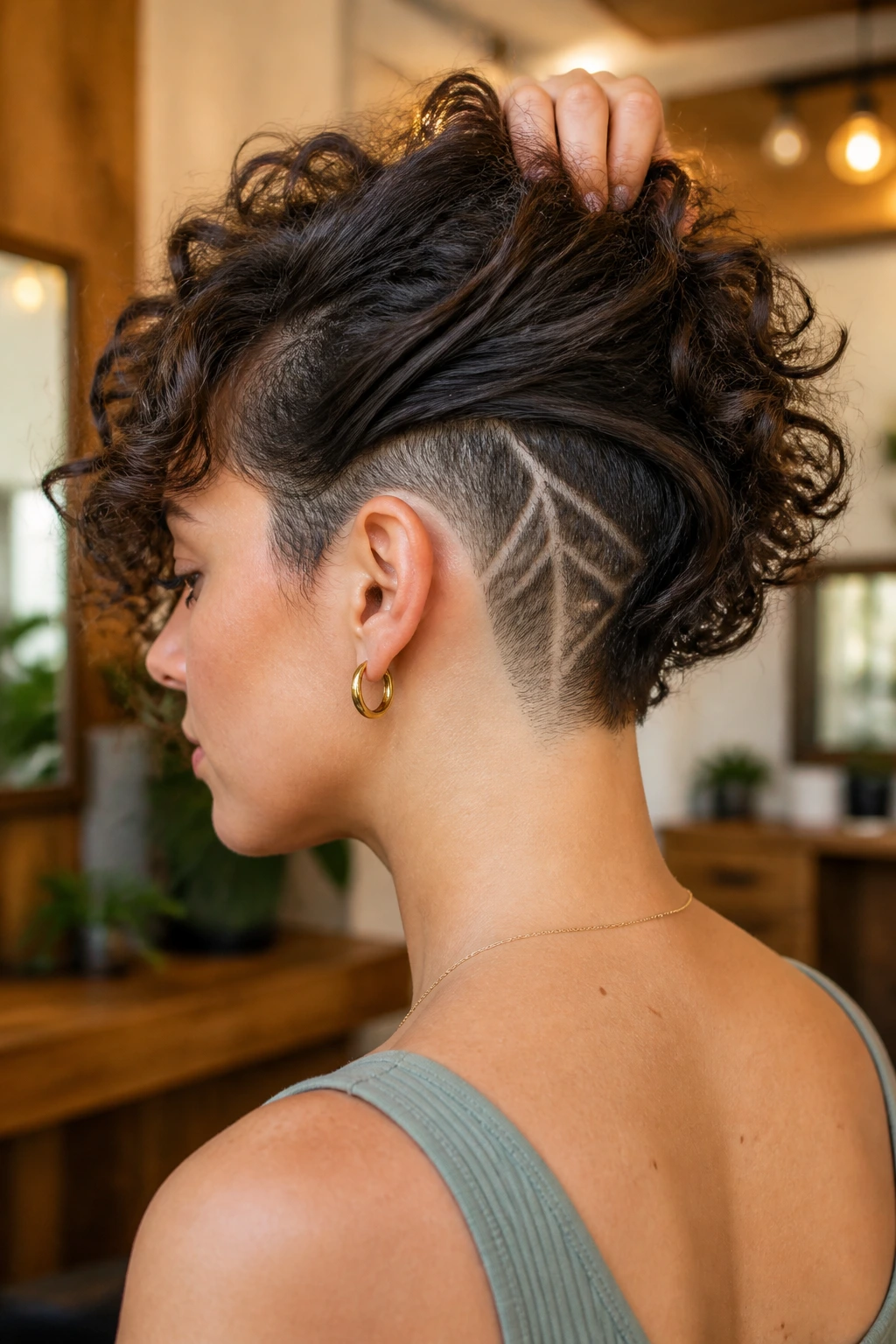 Close-up of a real woman's head showing a back undercut with geometric design and voluminous top.