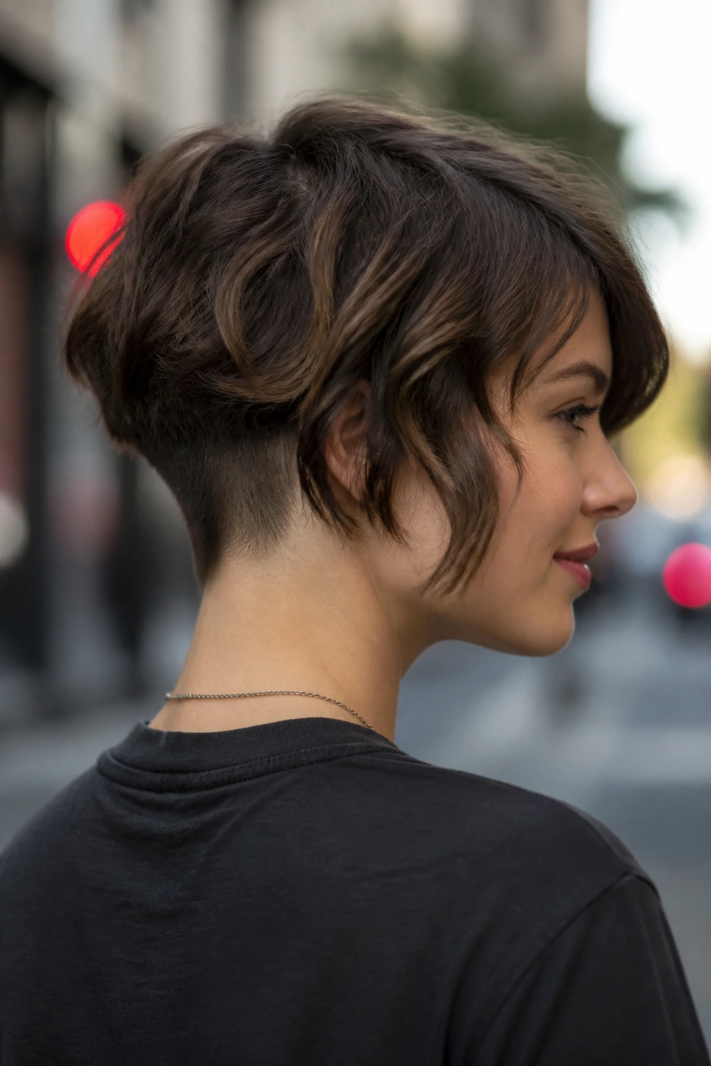 Portrait of a real woman with an undercut choppy bob showing nape undercut