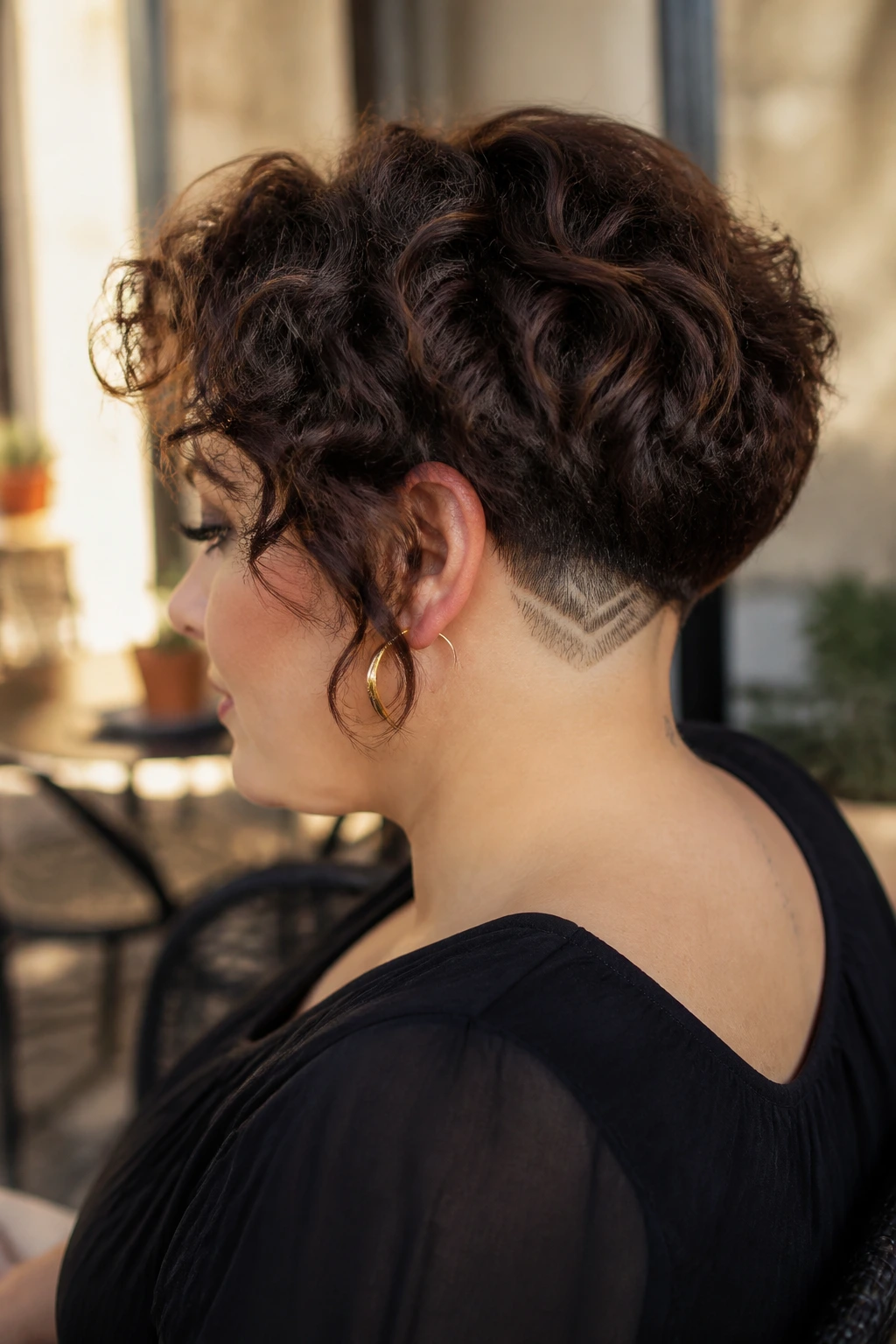 Side-profile portrait of a real woman with an undercut bob hairstyle in a cafe setting