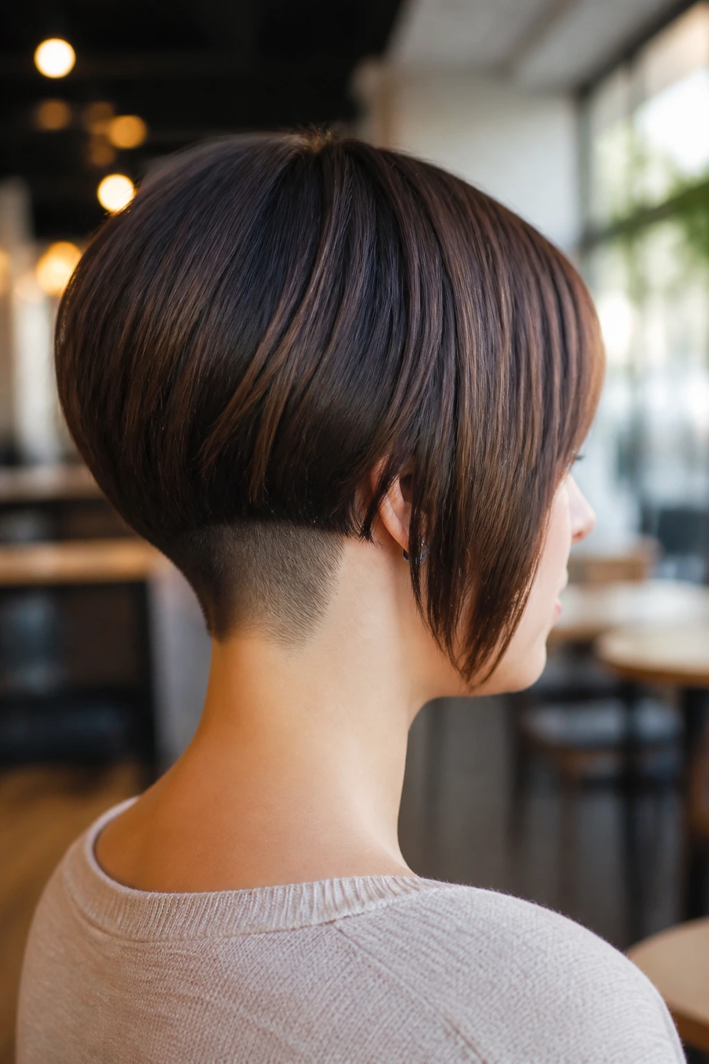 Portrait of a woman with an undercut bob and visible nape shave beneath the top layer.