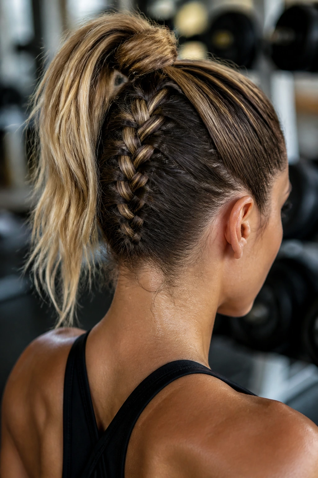 Real woman with undercut braided pony at gym