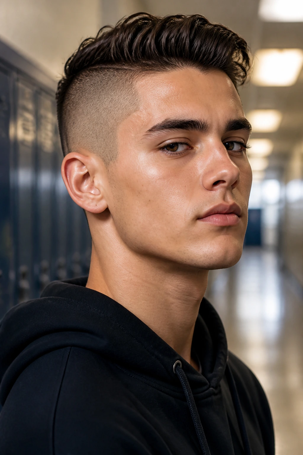 Close-up headshot of a real person with an undercut buzz hairstyle