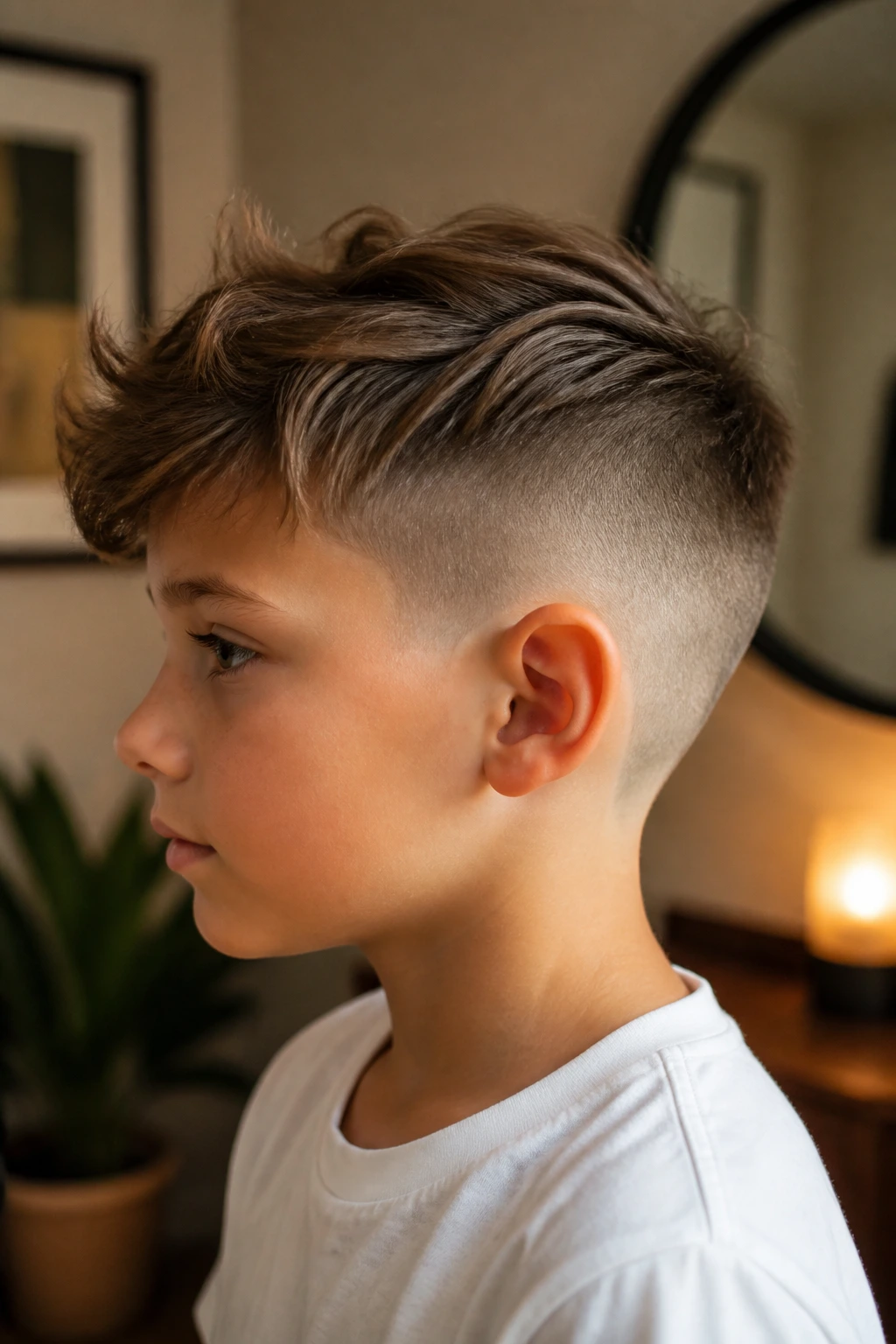 Side profile of a child with an undercut showing the contrast with longer top hair