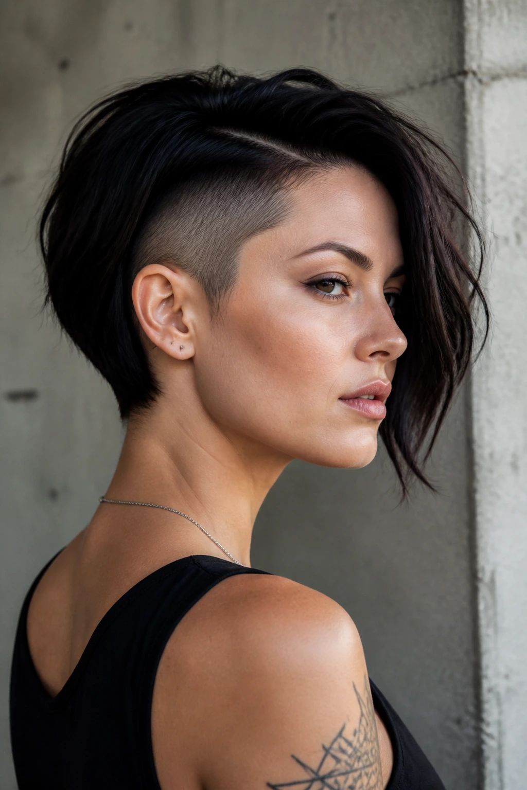 Profile of a woman with a sharp undercut in a disconnected bob.